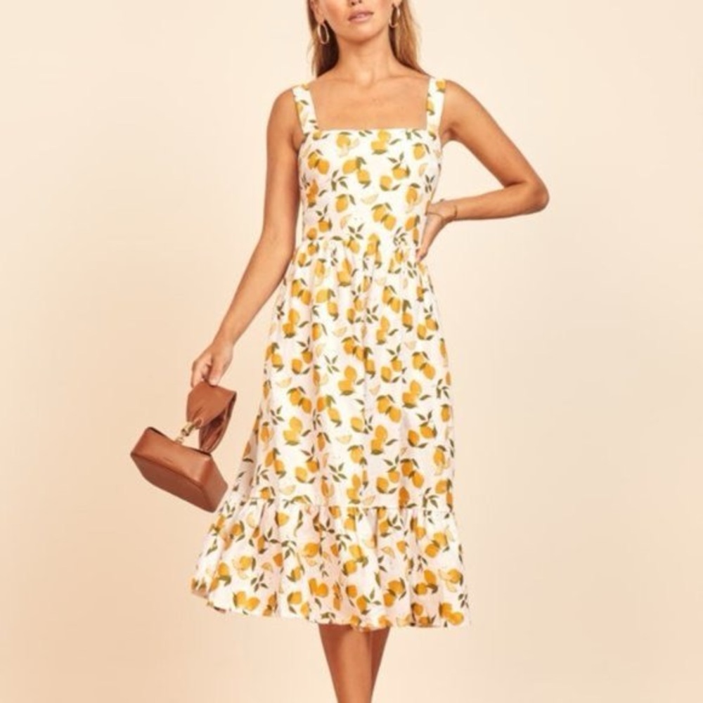 NWOT Reformation Manet Dress in Lemonade Yellow White Lemon Linen Ruffle Midi